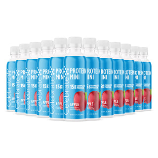 Multiple bottles of Celebrate Protein Minis Apple flavor on a white background